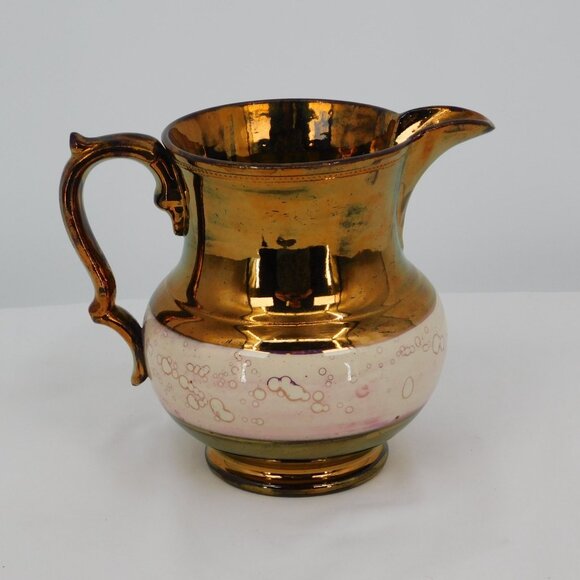 Copper Lusterware Pitcher Antique Staffordshire 5 1/4" Single Pink Band FLAW - Picture 1 of 9